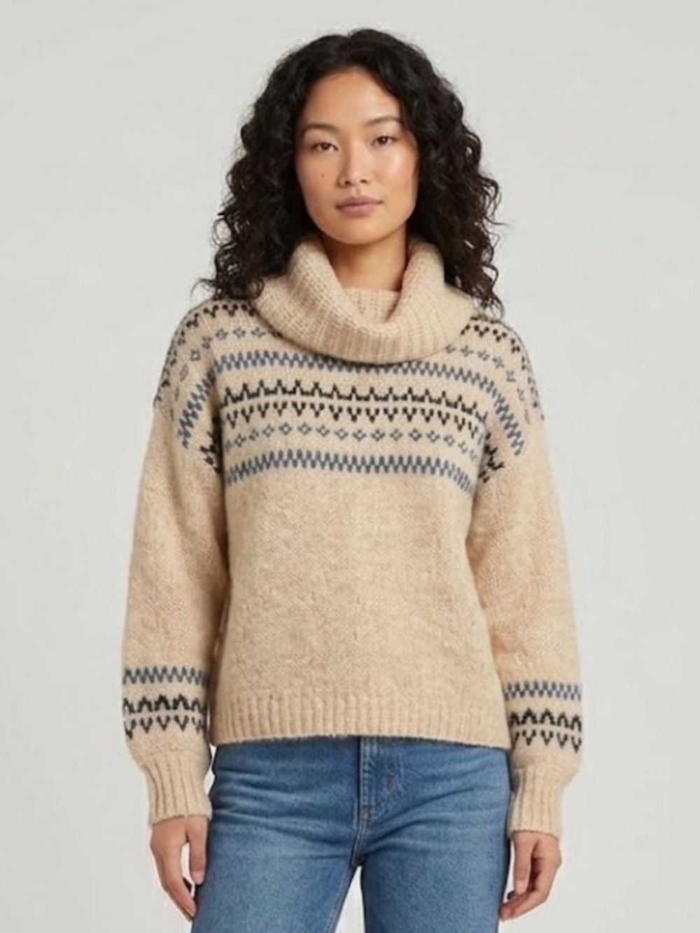 Madewell Cowl Neck Sweater Beige with Navy & Black Women's XS Fair Isle
